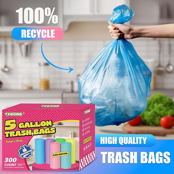 300 Count 5 Gallon Trash Bags - 18 Liter Colored Small Garbage Bags Unscented Wastebasket Liners 0.94 Mil Thick & Leakproof for Home Office Bedroom Bathroom