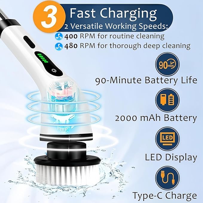 Electric Spin Scrubber Cordless - Grout Cleaner with 9 Attachments & Extension Handle, IPX7 Waterproof for Tile, Shower, Tub, Car & Bathroom, USB-C Rechargeable (Green)