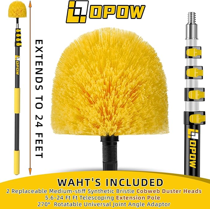 5.6-24 Feet Telescopic Pole with Cobweb Duster, 32 Ft Reach Extension Pole with 2 Washable Cleaning Spider Web Brush Kit Duster Heads and Universal Joint Angle Adaptor for Outdoor & Indoor Cleaning