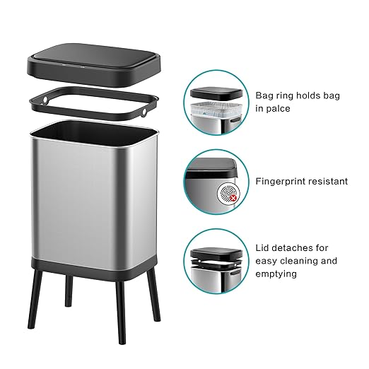 10.5 Gal Stainless Steel Touchless Sensor Trash Can with, Wide Rectangular Design, Brushed Finish – Automatic Lid, Raised Legs (Silver)