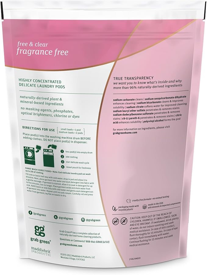 Grab Green Delicate Laundry Detergent Pods, 24 Count, Fragrance Free, Plant and Mineral Based, Superior Cleaning Power, Stain Remover, Brightens Clothes