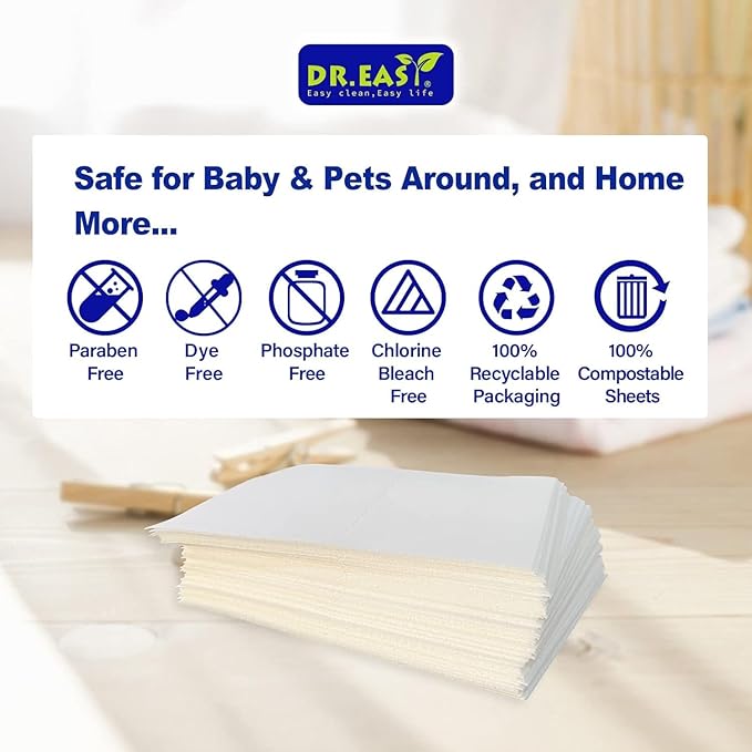 DR.EASY Odor Remover Laundry Detergent Sheets 240 loads Lavender,Easy To Carry Great For Travel,safe for baby & pets,No mess No Dyes biodegradable formula