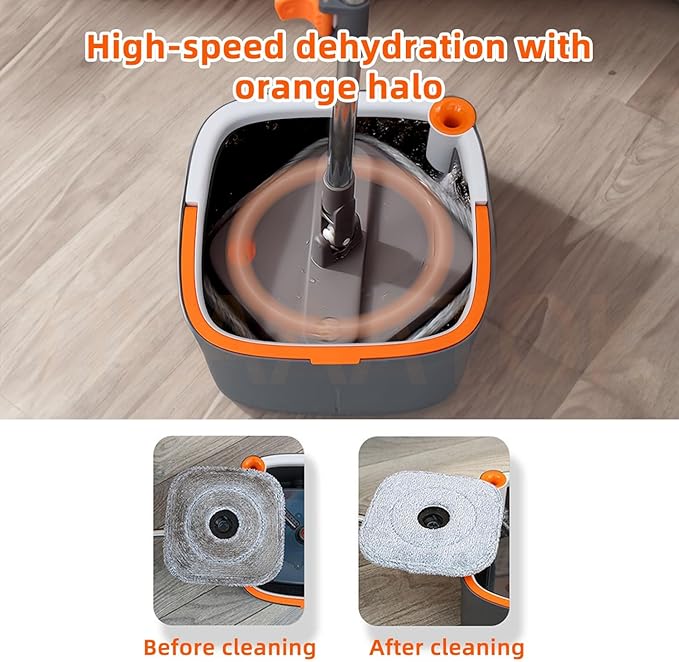 Spin Mop and Bucket Set with Self Separation System 360° Spinning Self-Wringing, Mops and Buckets for Floor Cleaning-with Replaceable Mop Cloths-2Pads-Dark Gray