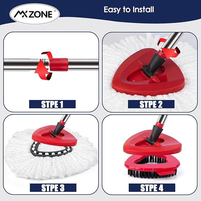 Spin Mop Head Replacement Base Handle Compatible with O Cedar EasyWring 1-Tank System, 4 Mop Replace Heads, 1 Mop Handle, 1 Mop Base and 1 Mop Base Scrub Brush Combo Set