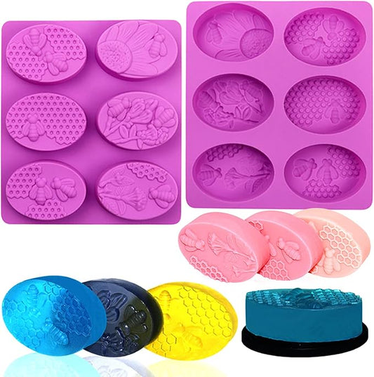 2PCS Oval Bee Silicone Soap Molds, 3D Honeycomb Shape Soap Molds, 6 Cavity Honeycomb Silicone Molds for Homemade Soaps, Beeswax, Resin, Bath Bomb, Cake, Chocolate, Bakeware (Purple)