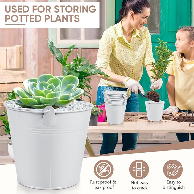 OBTANIM 7 Pack White Metal Buckets with Handle Galvanized Ice Pails for Plants, Succulents, Party Favors Organizing, Rustic Home Decor or Classrooms Pencil Storage (5.1 x 3.6 inch)