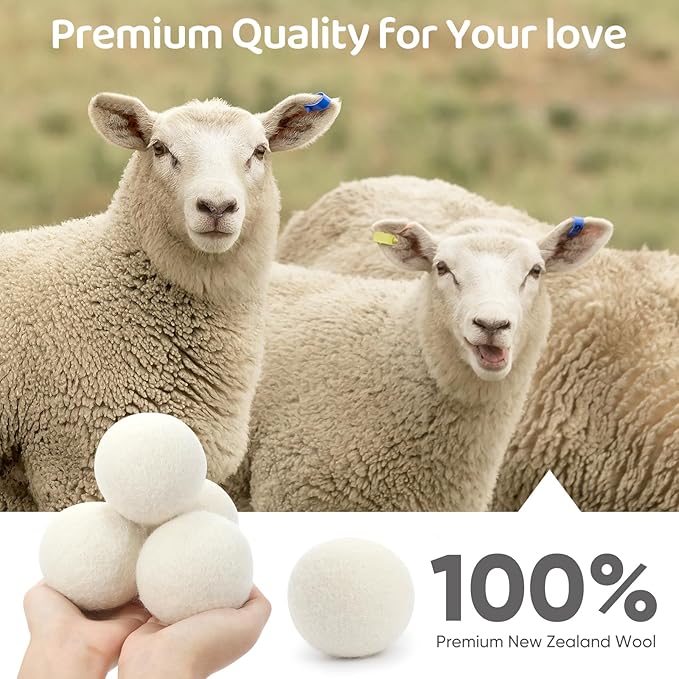 Wool Dryer Balls 6 Pack, Natural Fabric Softener, Dryer Balls Laundry Reusable, Reduces Clothing Wrinkles and Saves Drying Time (White)