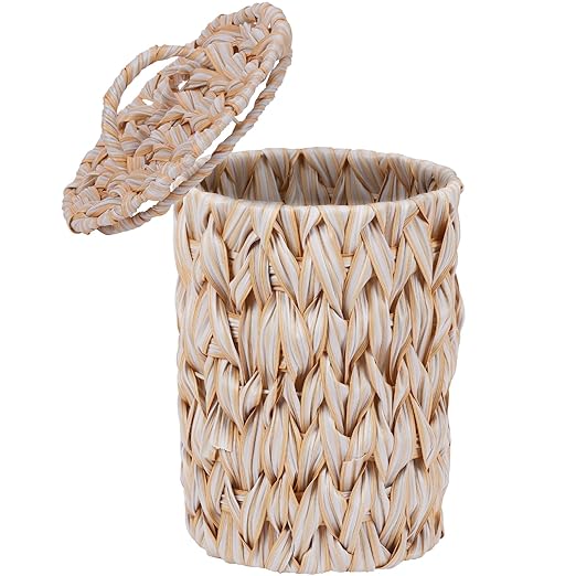 Boho Wicker Trash Can with Lid,Waterproof Bathroom Trash Can Hand Woven Wicker Waste Baskets for Kitchen Office Bedroom