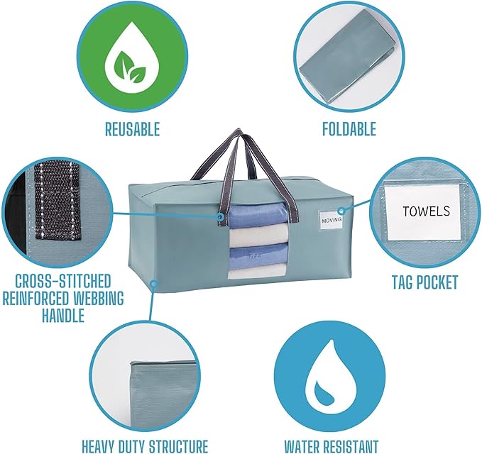 VENO 2 Pack Moving Bags for College, Heavy-Duty Storage Totes, Moving Boxes and Wardrobe Packing Supplies Alternative - Extra Large Durable Laundry Bags for Clothes (Light Blue Matte, 2 Pack)