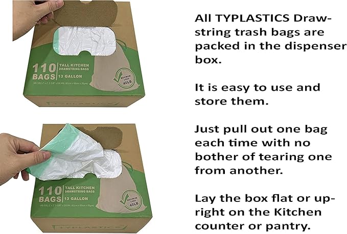 TYPLASTICS Tall Kitchen Drawstring Trash Bags, 13 Gallon, 110 Count