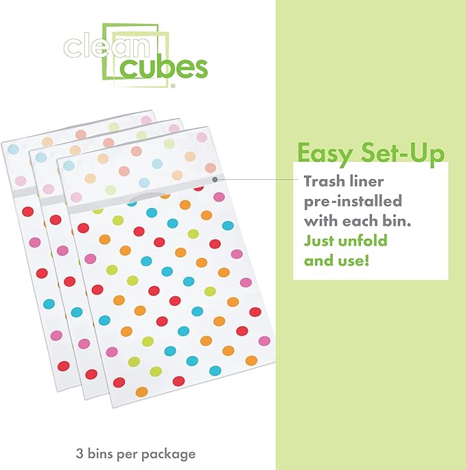 30 Gallon Disposable Pop-Up Trash Cans (3-Pack) with Fitted Bags – Foldable Garbage & Recycling Bins for Parties, Events & Kitchen (Polka Dot, 30" H x 14" W x 17" D)