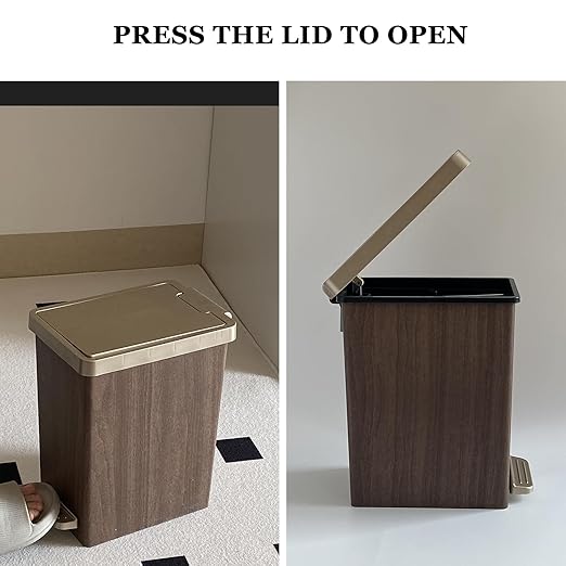Compact Trash Can with Lid, 15 Liter/3.9 Gallon, Plastic Slim Garbage Can for Home, Bathroom, Kitchen, Office, Living Room, Bedroom, Vintage Waste Bin with Foot Pedal and Touch Top