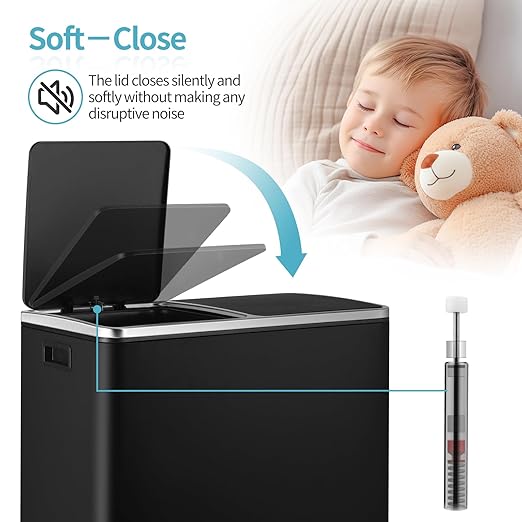 16 Gallon Rectangular Stainless Steel Trash Can, Dual Compartment Garbage Bin with Recycling Combo, Metal Dustbin Lid, Removable Liner, Indoor Hands Free Waste Bucket for Kitchen Home