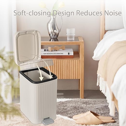 rejomiik Small Bathroom Trash Can with Lid 2.6 Gallon Step Trash Can Slim Garbage Can with Soft-Close Waste Bin for Bathroom, Bedroom, Office, Dorm, RV, Off-White