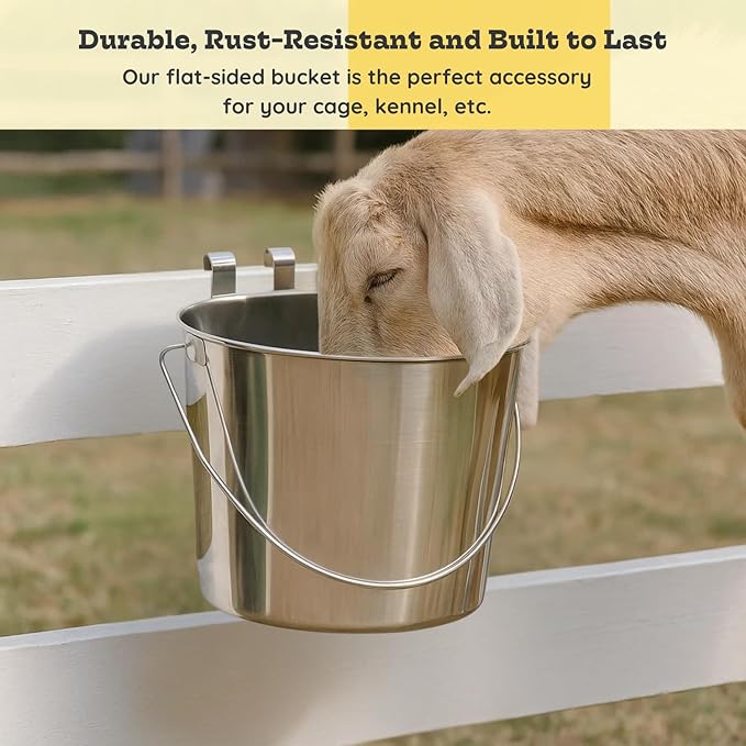 9 Quart Stainless Steel Flat Sided Bucket with Dual Hooks | Food & Water Bowl for XL Dog Goat Sheep Cattle Horse & Livestock | Fits kennel Crate Cages Farm Hanging Pet Pail | Multipurpose