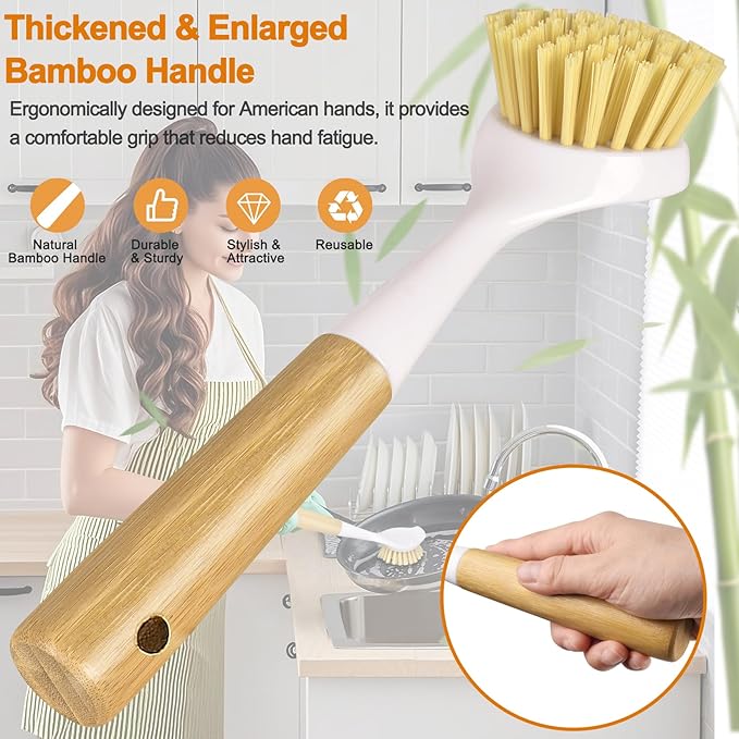 Dish Brush, Large Scrub Brush with Bamboo Handle Kitchen Brushes Built-in Scraper for Cleaning Pot, Sink, Stove Skillet, Pans and Grill Pan - 2 Pack