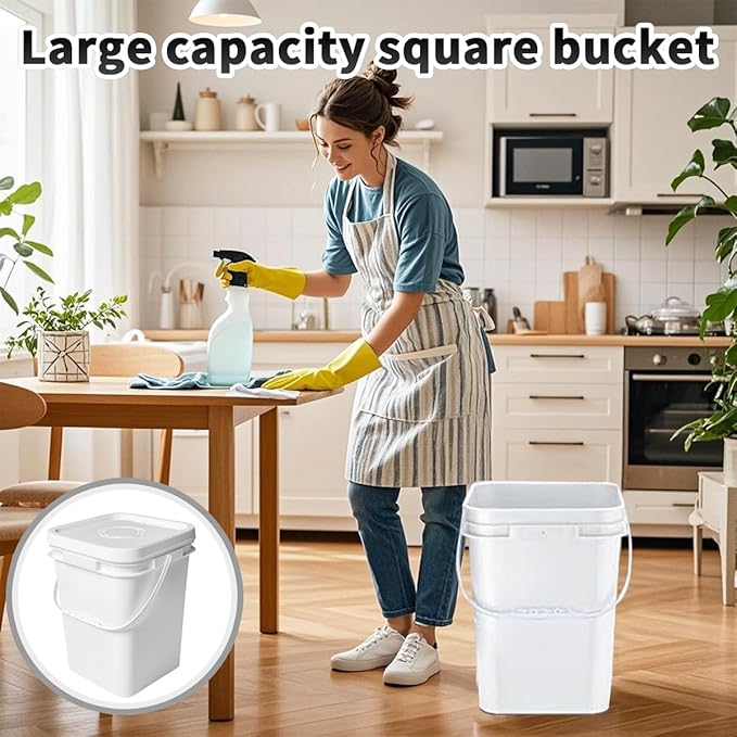 6 Pcs 5 Gallon Square Bucket with Lid Food Storage Container with Plastic Handle,Industrial Bucket with DIY Label Stickers and Towel for Paint Storage Tanks Handicrafts