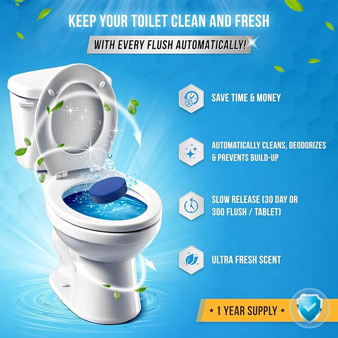 ACTIVE Automatic Toilet Bowl Cleaner Tablets Blue Gel Toilet Tank Cleaners, Septic-Safe Hard Water Ring Stain Remover, Smell Eliminator Heavy Duty Toilet Cleaning & Deodorizer, Fresh Scent - 12 Tabs