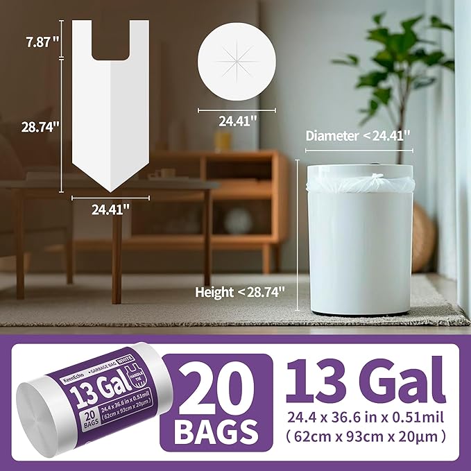 Small Trash Bags with Handles 13 Gallon 20 Count White - Ocean Plastic Upcycling - Plastic Garbage Bags, Can Bin & Waste Basket Liner for Kitchen, Bathroom, Office and Pets