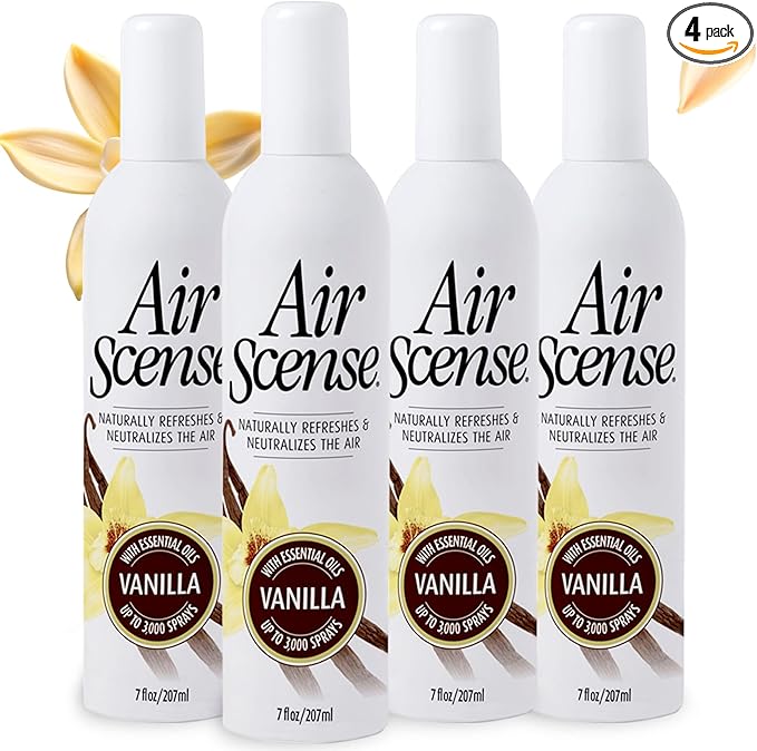 Air Scense Air Freshener Deodorizer Room Spray for Bathroom & Home, Essential Oils, Natural Vanilla - 7 fl oz (4-Pack)