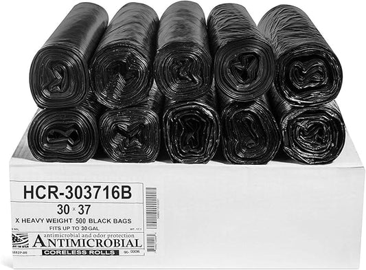 Aluf Plastics High Density Trash Bags, 30 Gallon, 500 Count, 16 Micron (eq), 30" x 37", Black, for Bathroom, Office, Industrial, Commercial, Janitorial, Municipal, Recycling