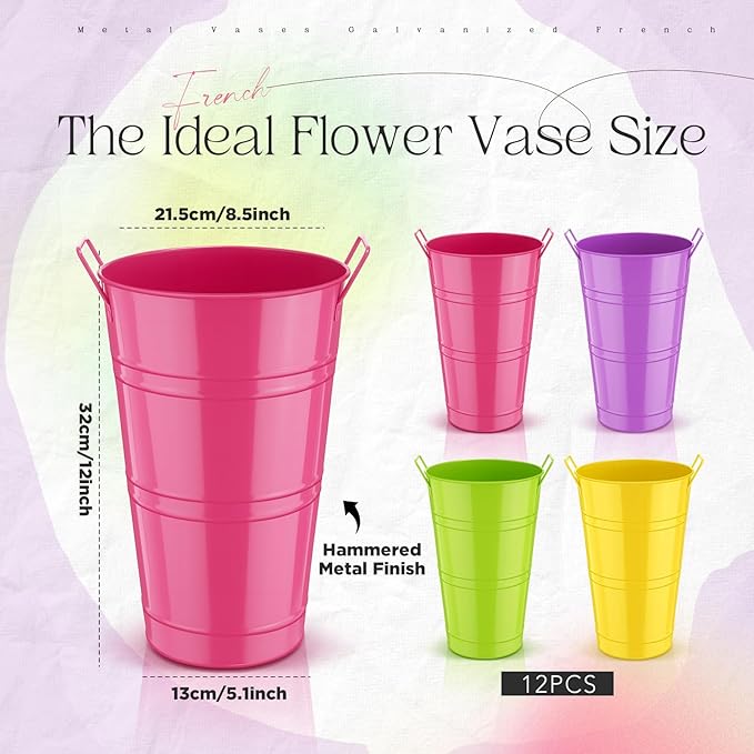 Zhehao 12 PCS 12 Inch Galvanized Metal Vase with Handles Bulk Tin Flower Buckets Galvanized Vases for Country Wedding Table Centerpieces Flower Buckets for Wedding Home (Green, Yellow, Purple, Rose)