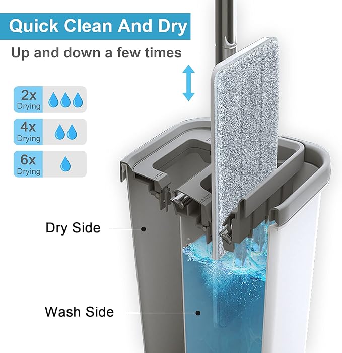Mop and Bucket with Wringer Set, Hands Free Flat Floor Mop and Bucket, 8 Washable Microfiber Pads Included, Wet and Dry Use, Home Floor Cleaning System for All Floor Types and Windows