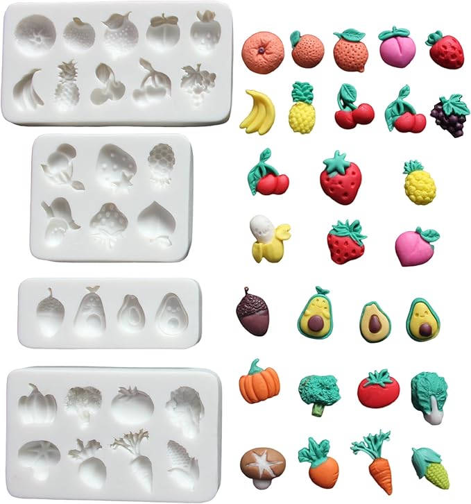 Lovely Small Items Silicone Fondant Molds Set For Cake Topper, Gumpaste, Candy & Chocolate, Polymer Clay and More (Vegetables & Fruits)