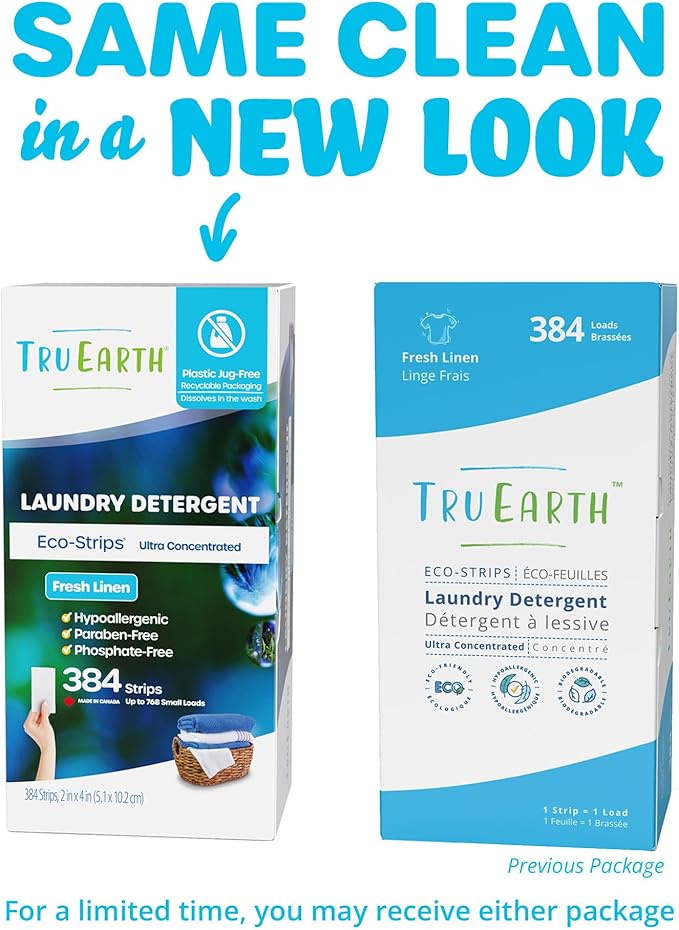 Tru Earth Compact Dry Laundry Detergent Sheets, Bulk, up to 768 Loads (384 Count) - Paraben-Free - Original Eco-Strip Liquidless Detergent, Travel Sheets - Fresh Linen