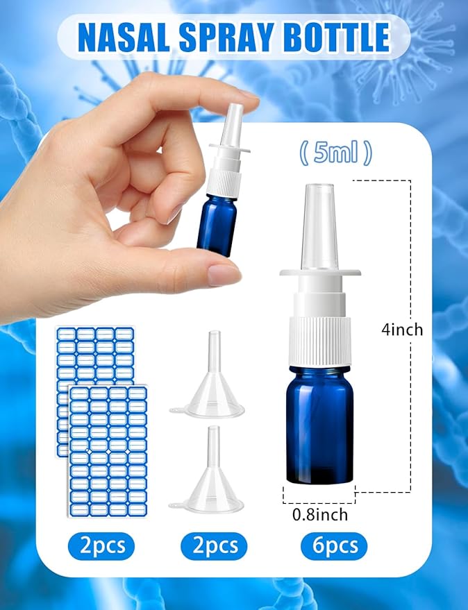 10 Pcs Nasal Spray Bottle, 5ML/0.17OZ 6 Pcs Blue Fine Mist Glass Empty Refillable Nasal Spray Bottle with 2 Pcs Funnels and 2 Pcs Labels