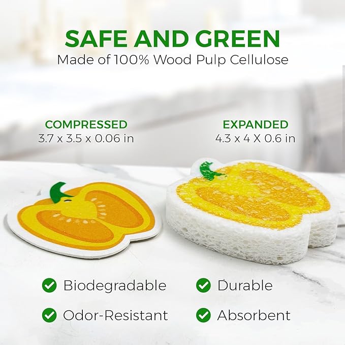 Biodegradable Cellulose Compressed Sponges Bulk - Vegetable Shaped Kitchen Pack of 8 - Eco Friendly, Odor Free, Natural, Pop Up Compostable Scrubbers for Washing Dishes