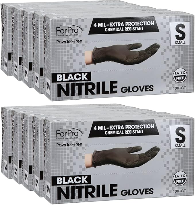 ForPro Professional Collection Disposable Nitrile Gloves, Chemical Resistant, Powder-Free, Latex-Free, Non-Sterile, Food Safe, 4 Mil, Black, Small, 1000-Count