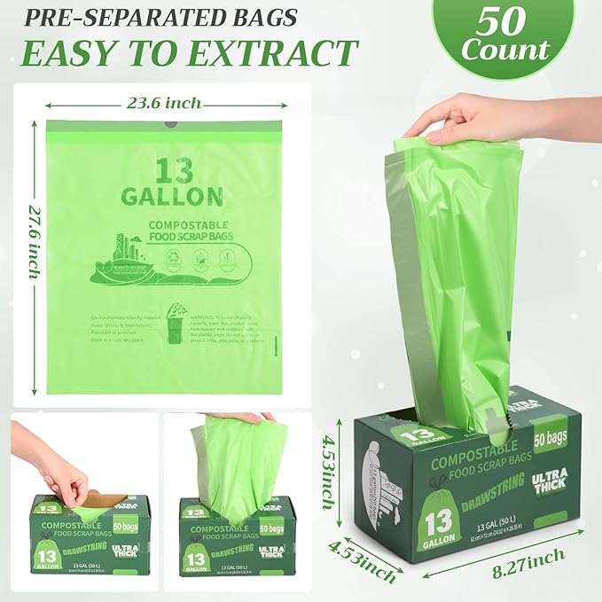 Amyhill 50 Count 13 Gallon Compostable Trash Bags Drawstring Heavy Duty Extra Thick 1.58 Mil 49.2 Liter Garbage Bags 13 Gallon Tall Kitchen Food Scrap Waste for Home Bathroom Garbage, Green