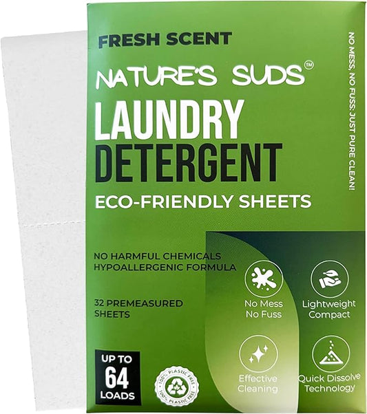 Nature’s Suds Eco-Friendly Laundry Detergent Sheets (64 Loads), Hypoallergenic & Ultra-Concentrated Clothes Washing Sheets, Plastic-Free, Fresh Linen Scent, Travel-Size Laundry Detergent
