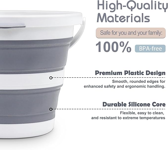 Small Collapsible Bucket 1.3 Gal/5L, BPA-Free - Space-Efficient, Portable Foldable Water Pail for Household, Outdoor Use, Car Wash, Camping, Fishing - Grey, Single Pack
