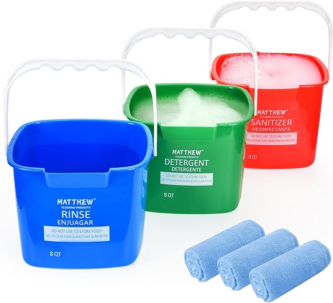 Matthew Red&Green&Blue Detergent and Sanitizing Cleaning Bucket 8 Quart Cleaning Pail,Set of 3 Square Containers,Built-In Spout w/Handle,Wash Rinse Sanitize Handwash Bucket,Incl.3Pcs Microfiber Cloths