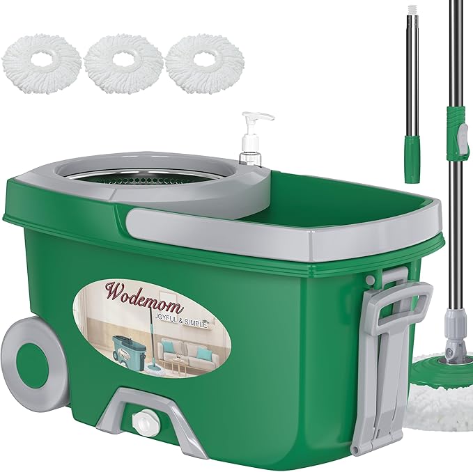 Dual Compartment Spin Mop and Bucket, Mop and Bucket with Wringer Set,360°Rotating Spinning Mopping for Floor Cleaning with 3 Microfiber Replacement Heads, 61" Extended Handle, 2X Wheel - Deep Green