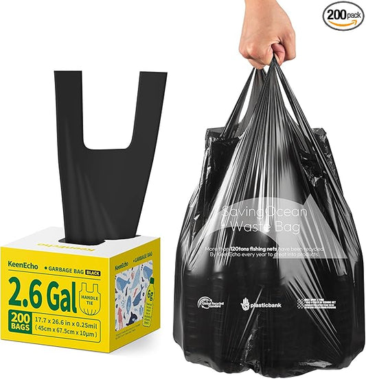 Small Trash Bags with Handles 2.6 Gallon 200 Count Black - Ocean Plastic Upcycling - Plastic Garbage Bags, Can Bin & Waste Basket Liner for Kitchen, Bathroom, Office and Pets