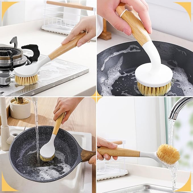 Dish Brush with Handle, Long and Short Handle Kitchen Scrub Brushes with Tough Bristles, Natural Dish Scrubber Brush for Dishes, Pans, Pots and Kitchen Sink Cleaning, 2 Pack White