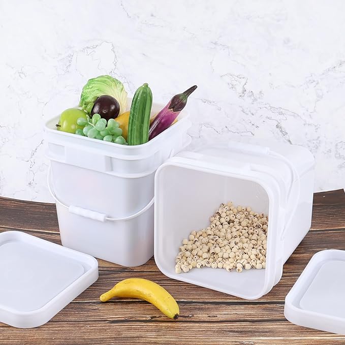 Versatile Square White Pails and Lids, Food Grade Storage Bucket, Plastic All Purpose Bucket Pail with Handle (3 Gallon, 4 Pack)
