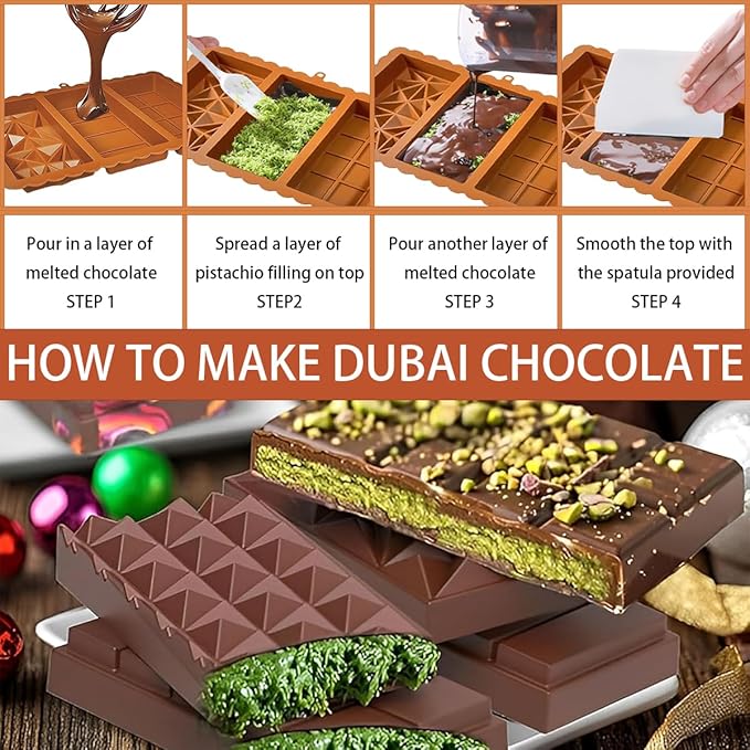 Dubai Chocolate Bar Mold - 3 Different Shapes, 1 Inch Deep Chocolate Molds Silicone,Large And Thick Candy Bar Baking Molds - Set of 2