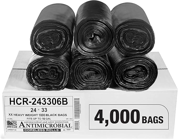 Aluf Plastics High Density Trash Bags, 16 Gallon, 4000 Count, 6 Micron (eq), 24" x 33", Black, for Bathroom, Office, Industrial, Commercial, Janitorial, Municipal, Recycling