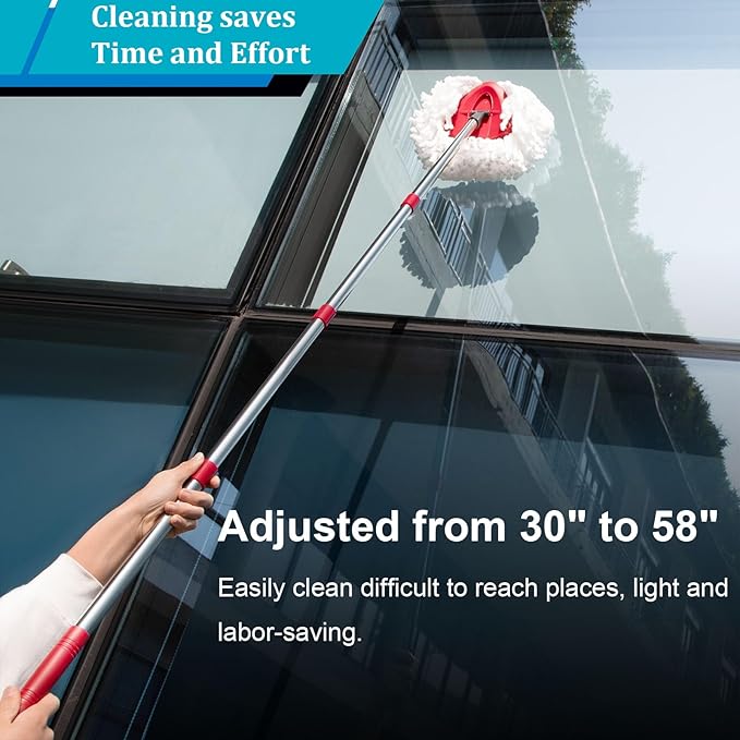 Spin Mop Head Replacement, Base, Mop Handle Compatible for O-Cedar EasyWring - Include 2 Microfiber Refills, 4-Section 30-59in Handle, 1 Cover and 1 Scrubber (1-Tank System)