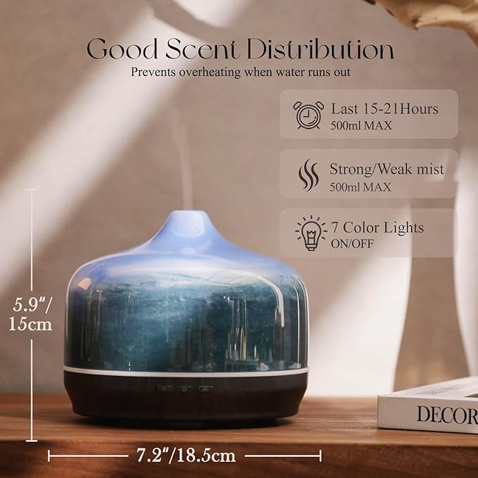 Porseme 500ml Glass Essential Oil Diffuser Aromatherapy Ultrasonic Cool Mist Humidifier 15-21 Running Hours Waterless Auto-Off Air Diffusers for Sleeping Yoga Office Working Spa and Rest (Dreamy Blue)