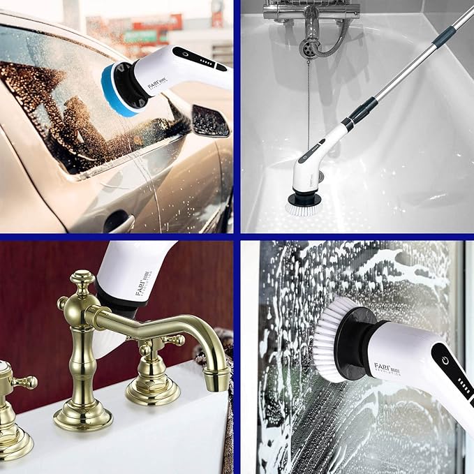 Electric Spin Scrubber, FARI Cordless Cleaning Brush with 7 Replaceable Brush Heads, Tub and Floor Tile 360 Power Scrubber Mop with Adjustable Handle for Bathroom Kitchen Car (White)