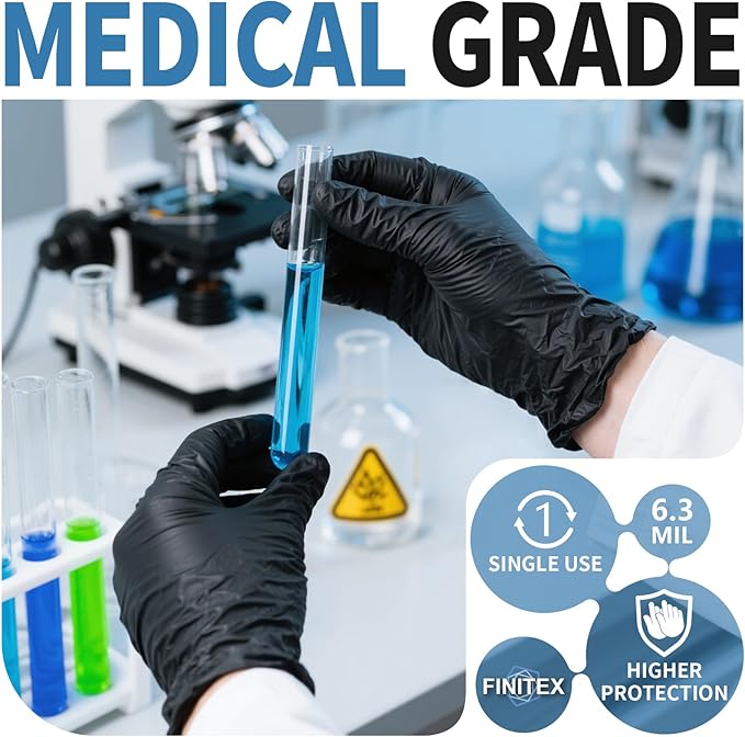 FINITEX Black Nitrile Disposable Medical Exam Gloves - 100/1000 PCS 6.3mil Gloves Powder-Free Latex-Free Food Gloves