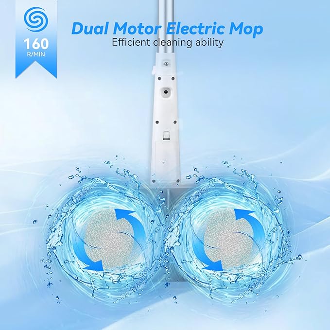 Cordless Electric Mop, Dual Motor Powerful Spin Mop 2600 mAh, Floor Polisher,1H Rechargeable Power Mops with LED Light/Water Sprayer, Electric Mops for Floor Cleaning for Hardwood, Tile, Rotate 180°