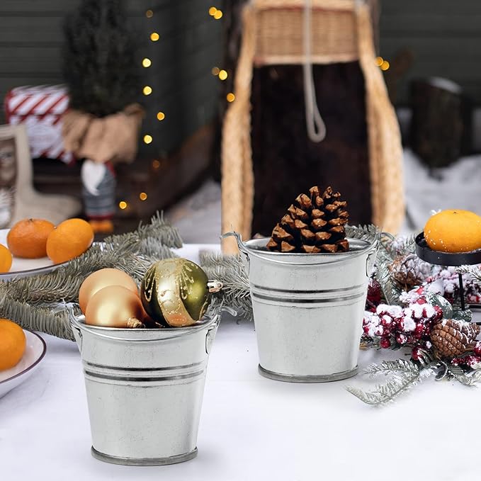 2.1" Galvanized Mini Tin Buckets – 24Pcs Silver Metal Buckets with Handle Best for Party Favors, Bridal Shower and Craft Projects (Silver, 2.1")