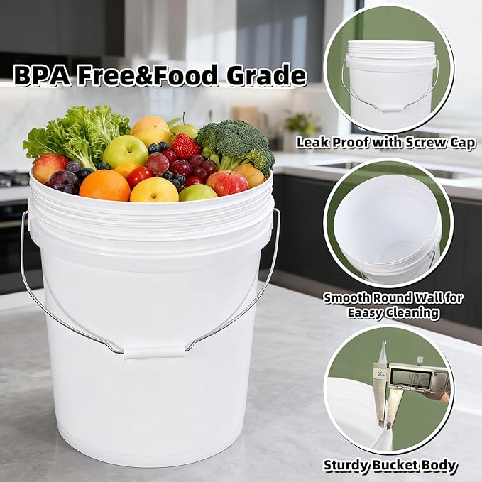 ASEVAT White 5 Gallon Bucket with Lid, Food Grade Storage Containers with Lids, Pail Container, Bucket for Cleaning Heavy-Duty Extra Durable Lron Handles BPA Free