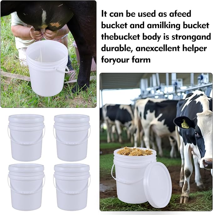 4 Packs Food Grade Bucket Pail with Plastic Handles and Lid, Plastic Bucket Pail Container with Lid, 7 Gallon, White